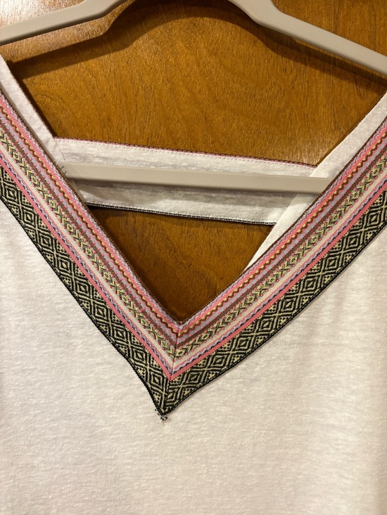 Cato Tops - Cato White V-Neck Top with Pink & Black Embroidered Trim